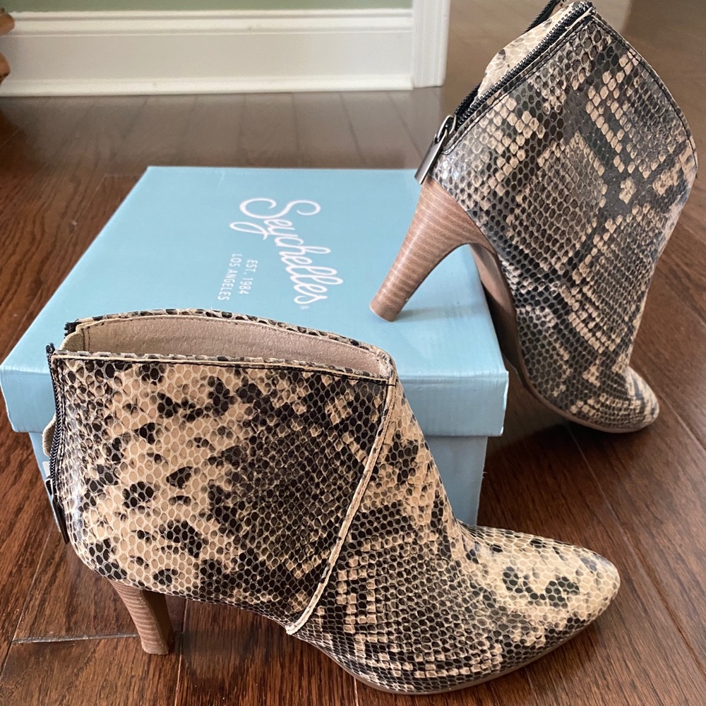 Beautiful snake-skin patterned leather booties.